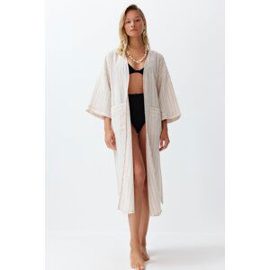 Trendyol Striped Belted Maxi Woven Linen Blend Kimono & Kaftan