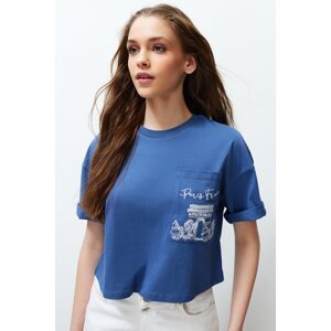 Trendyol Indigo 100% Cotton Pocket Embroidery Detail Crop Knitted T-Shirt