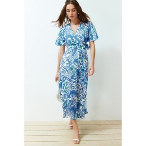 Trendyol Blue Floral Double Breasted Viscose Midi Woven Dress