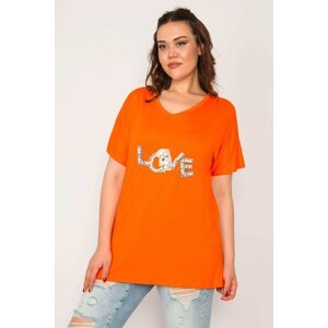 Şans Women's Large Size Orange Appliqued Pearl Embroidered V-Neck Viscose Blouse
