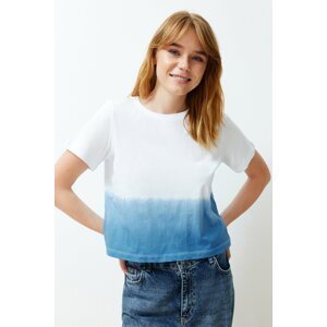 Trendyol Blue 100% Cotton Gradient Transition Comfortable Fit/Crop Knitted T-Shirt