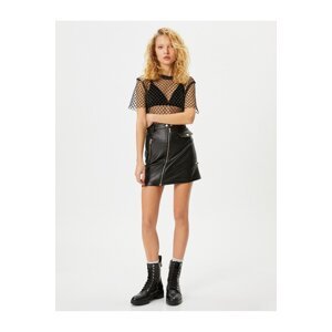 Koton Mini Faux Leather Skirt Zippered Slim Fit Pocket Detailed