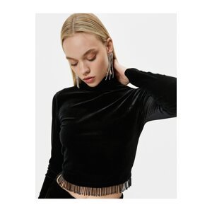 Koton Crop Velvet T-Shirt Hanging Beaded High Neck - Handcrafted Collection