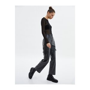 Koton Leather Look Cargo Pants Faded Effect Normal Waist Straight Wide Legs With Pockets.