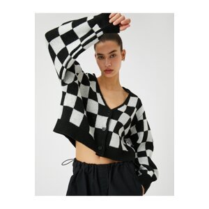 Koton Crop Cardigan Knit V Neck Buttoned Checkered Pattern Ribbed