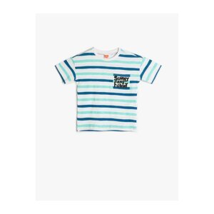 Koton Striped T-Shirt Short Sleeve Pocket and Print Detail Cotton