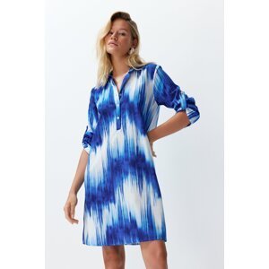 Trendyol Abstract Patterned Belted Midi 100% Cotton Beach Dress with Woven Ribbon Accessories