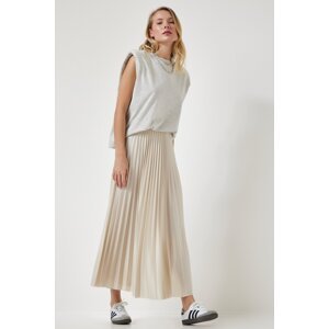 Happiness İstanbul Women's Cream Glossy Finish Pleated Knitted Skirt