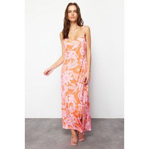 Trendyol Orange Printed A-Line/Alarm Form Slit Stretchy Knitted Maxi Dress