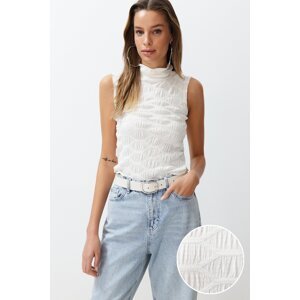 Trendyol Ecru High Collar Fitted Crop Textured Stretchy Knitted Blouse