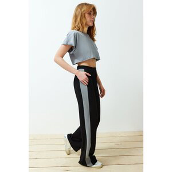 Trendyol Black Color Blocked Straight Cut Stretch Trousers