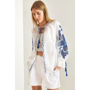 Bianco Lucci Women's Tie Collar Embroidered Loose Shirt.