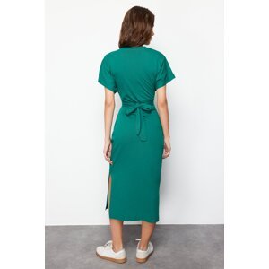 Trendyol Emerald Green 100% Cotton Waist Slit and Tie Detailed Midi Knitted Pencil Dress