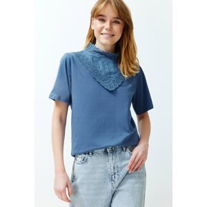 Trendyol Indigo Embroidered High Neck Basic Fit Cotton Knitted Blouse