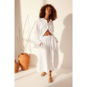 Trendyol White 100% Linen Elastic Waist Midi Skirt