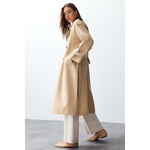 Trendyol Beige Oversize Wide Fit Soft Textured Long Trench Coat with Belt