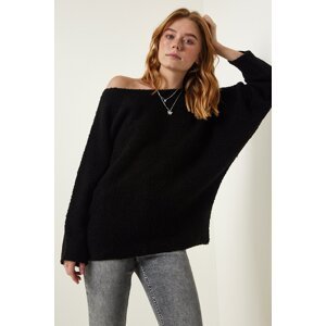 Happiness İstanbul Women's Black Boat Neck Seasonal Oversize Knitwear Sweater