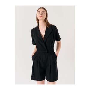 Jimmy Key Black Double Breasted Collar Short Sleeved Linen Jumpsuit