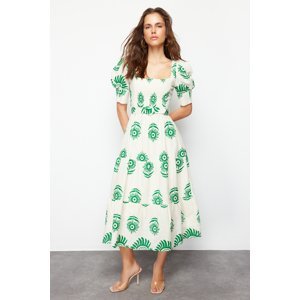 Trendyol Green Patterned Square Neck Linen Look Belted Midi Woven Dress