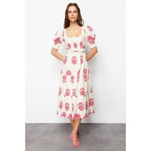 Trendyol Pink Patterned Square Neck Linen Look Belted Midi Woven Dress