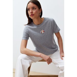 Trendyol Gray Melange Embroidered Regular/Normal Pattern Knitted T-Shirt