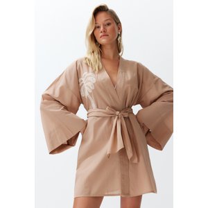 Trendyol Beige Belted Mini Woven Embroidered 100% Cotton Kimono & Kaftan