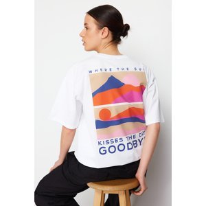 Trendyol White Premium Oversize/Wide Cut Crew Neck Slogan Printed Knitted T-Shirt