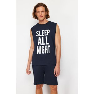 Trendyol Navy Blue Slogan Printed Regular Fit Pajama Set with Knitted Shorts