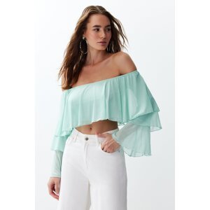 Trendyol Mint Ruffle Detailed Long Sleeve Lined Crop/Short Knitted Blouse