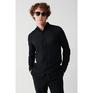 Avva Men's Black Buttoned Collar Textured Cotton Slim Fit Slim Fit Shirt