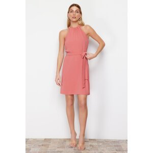 Trendyol Pink Belted Straight Fit Barbell Collar Aerobin Mini Woven Dress