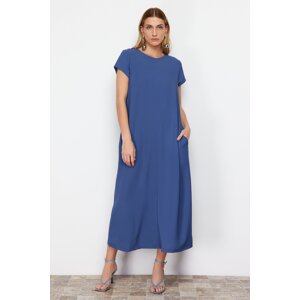 Trendyol Blue Straight Cut Crew Neck Pocket Detailed Aerobin Midi Woven Dress