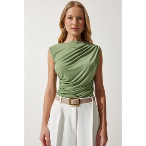 Happiness İstanbul Women's Almond Green Gathered Sleeveless Knitted Blouse