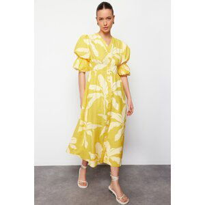 Trendyol Yellow V-Neck Floral Pattern Half Balloon Sleeve Woven Shirt Dress