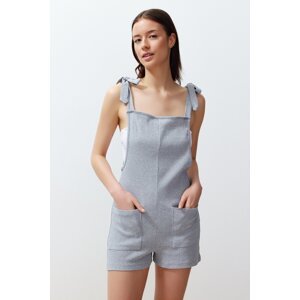 Trendyol Gray Melange Cotton Tie and Pocket Detail Waffle Knitted Jumpsuit