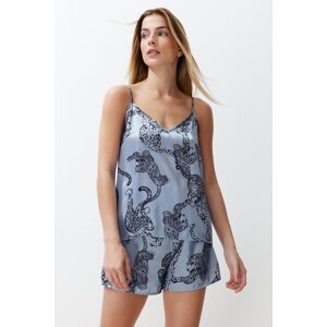 Trendyol Blue Animal Patterned Rope Strap Satin Woven Pajama Set