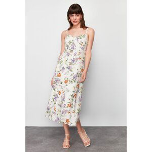 Trendyol Ecru Floral Pattern Waist Open Midi Woven Midi Dress