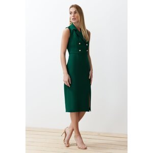 Trendyol Emerald Green Body-Fitting Button Detail Slit Midi Woven Dress