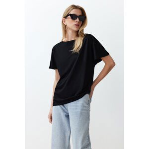 Trendyol Black Plain Relaxed Boat Neck Low Sleeve Knitted T-Shirt