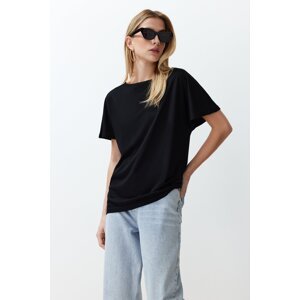 Trendyol Black Viscose Relaxed Boat Neck Low Sleeve Knitted T-Shirt