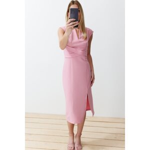 Trendyol Pink Body-Hugging V-Neck Slit Detailed Midi Woven Dress