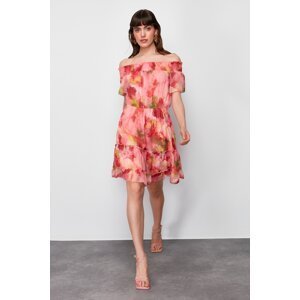 Trendyol Pink Floral Patterned Waist Opening Gipe Detail Woven Mini Dress