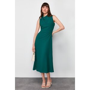 Trendyol Emerald Green Degaje Collar Skirt Cut Detail Midi Woven Dress
