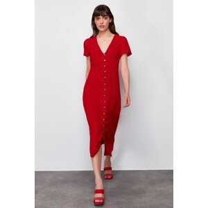 Trendyol Red Straight Cut Button Detail V-neck Midi Woven Dress