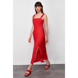 Trendyol Red Straight Cut Back Tie Detailed Midi Woven Dress
