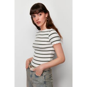 Trendyol Khaki Striped Boat Rock Short Sleeve Regular/Normal Cut Ribbed Stretch Knitted Blouse