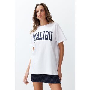 Trendyol White 100% Cotton City Slogan Printed Oversize/Relaxed Cut Knitted T-Shirt