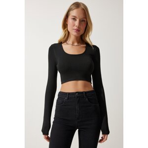 Happiness İstanbul Women's Black U Neck Ribbed Crop Knitwear Blouse
