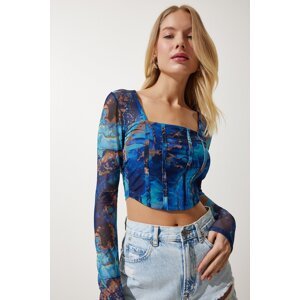 Happiness İstanbul Women's Blue Patterned Crop Chiffon Blouse