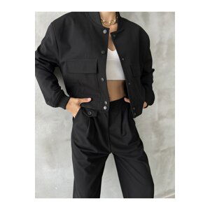 Laluvia Black Snap Button Detailed Two-Pocket Lined Crop Bomber Jacket